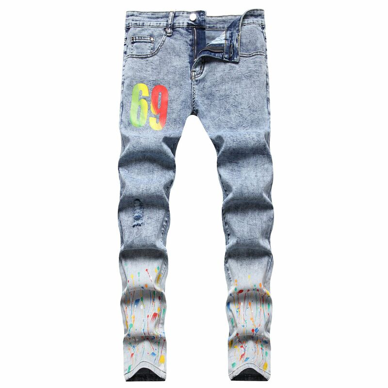 West Coast-Jeans slim stretch Hip Hop, imprimé numérique peint à la main, Street Hip Hop