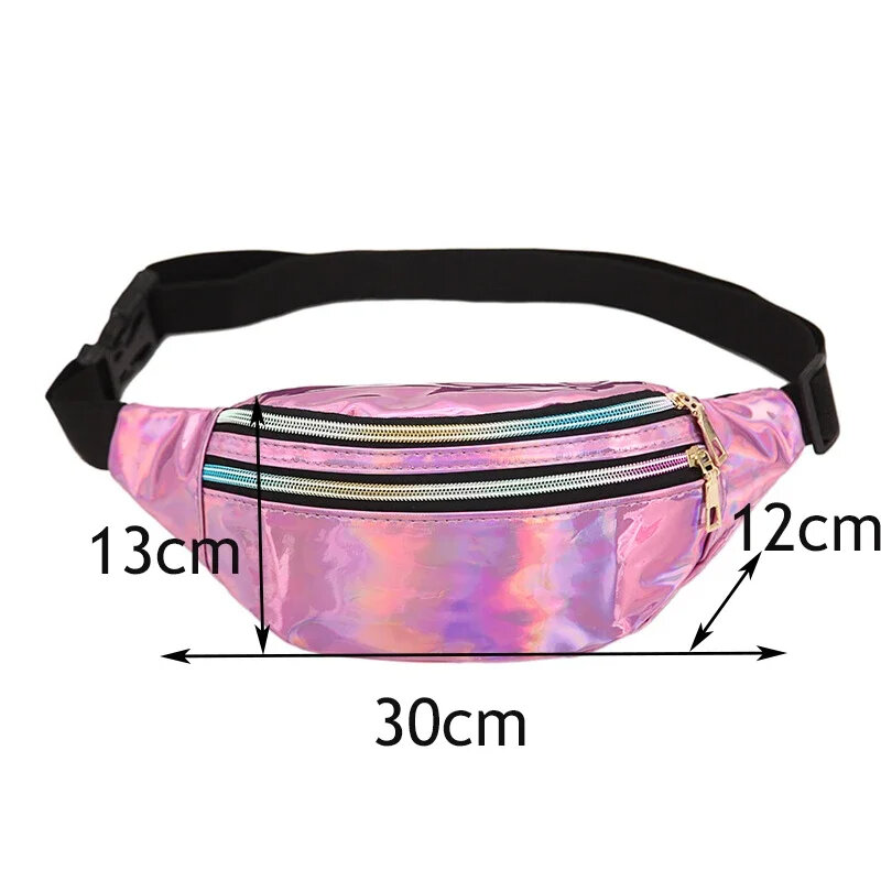 Holográfico Fanny Pack, Holograma PU Cintura Bag, Saco de cintura brilhante impermeável, Cinto ajustável, Saco de laser, 2024
