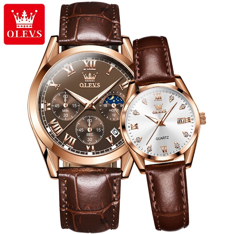 OLEVS Lover Watches Top Brand Luxury Couple Quartz Watch Waterproof Leather Watch Strap Watch for Women and Men Couple Gift