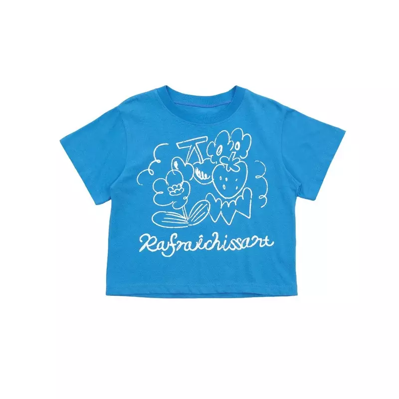Neue Sommer-Sets koreanische Bebe Kinder Obst T-Shirt Mädchen blaue Hoodies Kinder fröhliches Hemd Kind Mode Jungen Geburtstags kleidung