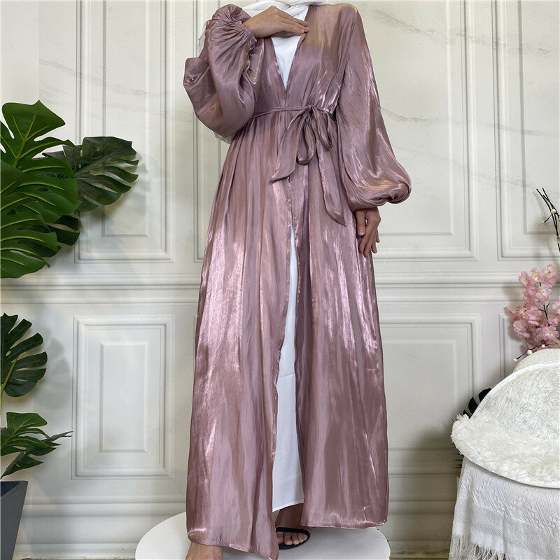 2024 New Muslim Casual Shiny Satin Cardigan Robe Coat Middle Eastern Solid Loose Sleeve Robe Clothing