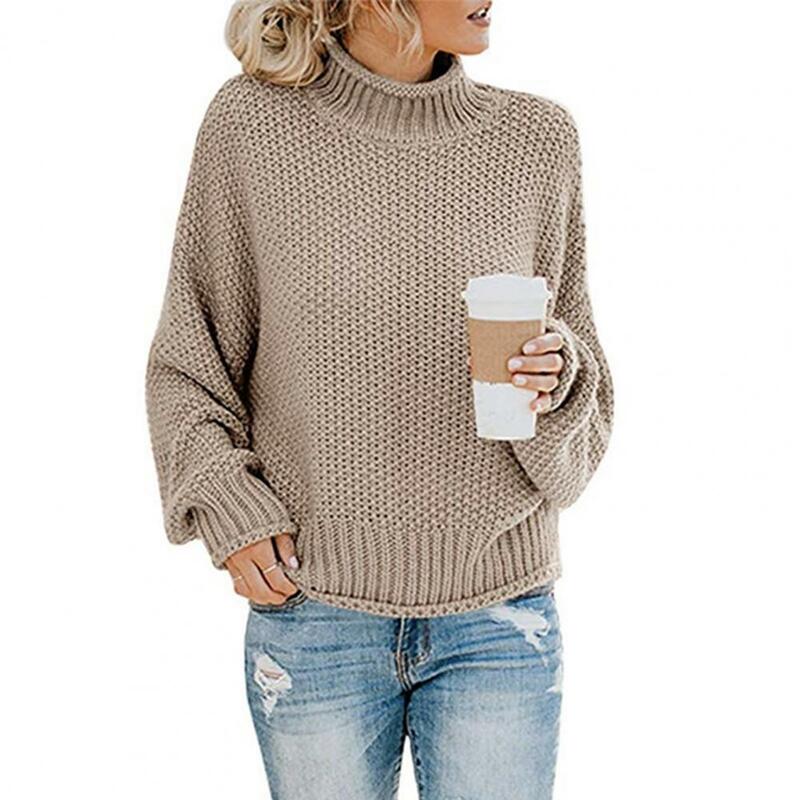Female Turtleneck Sweater Pullover Knitting Tops Stylish Women's Turtleneck Sweater Cozy Ribbed Trim Pullover for Autumn/winter