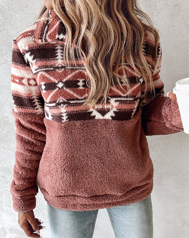 Теплый пуловер, новинка 2023, лидер продаж, зимняя повседневная утепленная женская рубашка с длинным рукавом и геометрическим узором на молнии