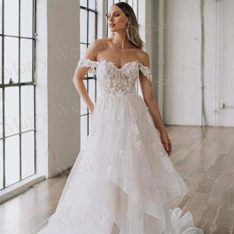Exquisite A Line Sweetheart Wedding Dresses Appliques Lace Off The Shoulder Backless Bride Gowns Illusion Vestidos Novias Boda