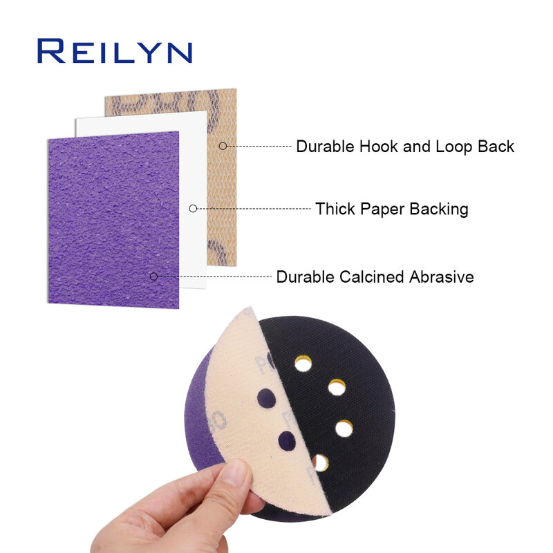 100pcs 5inch 8-hole Purple Sandpaper Polishing Wheel Sand Paper Polishing Pad 125mm Flocked sandpaper tray Car Wood Sanding Disc