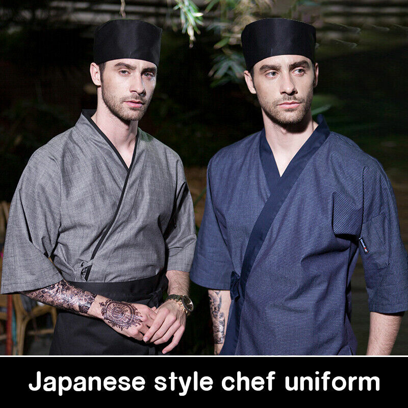 男性の日本のシェフのユニフォーム、izakayaレストランの着物、寿司料理のジャケット、仕事のトップス、ミドルスリーブのVネックのオーバーオール、寿司