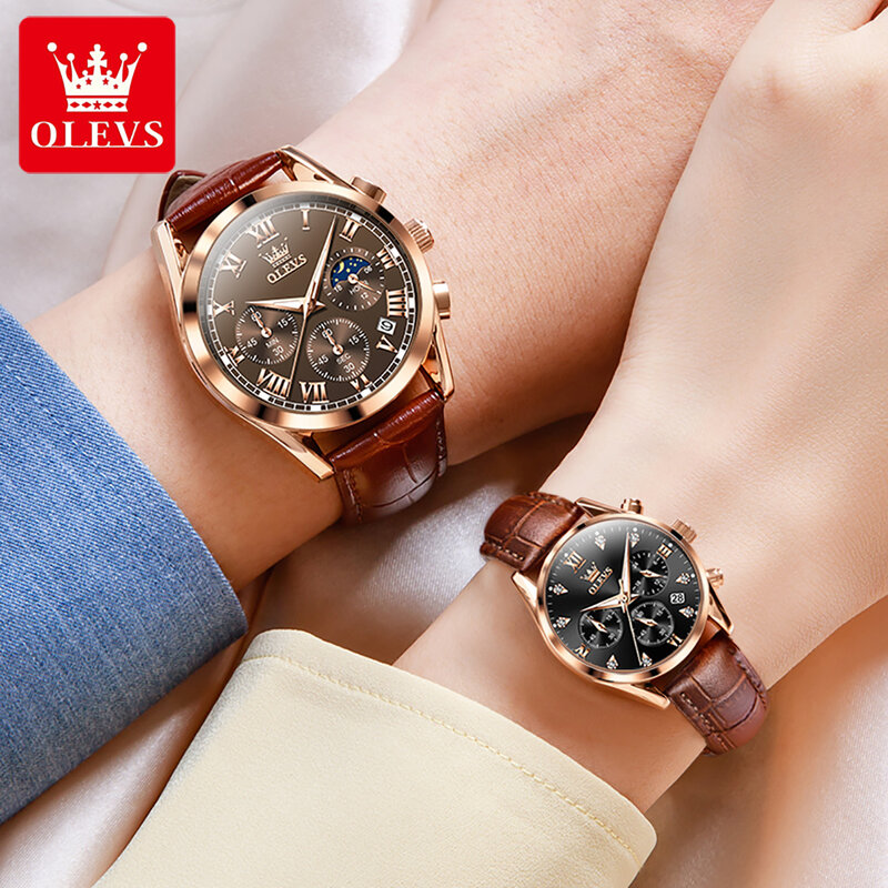 OLEVS jam tangan kuarsa bercahaya, arloji pasangan mewah tanggal kalender tahan air berlian untuk pria dan wanita