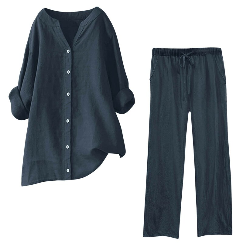 เซ็ตกางเกงใส่ลำลองสำหรับผู้หญิงเสื้อคอวี + กางเกงขากว้างทรงหลวมชุดสองชิ้นกางเกงแฟชั่นสตรีทแวร์