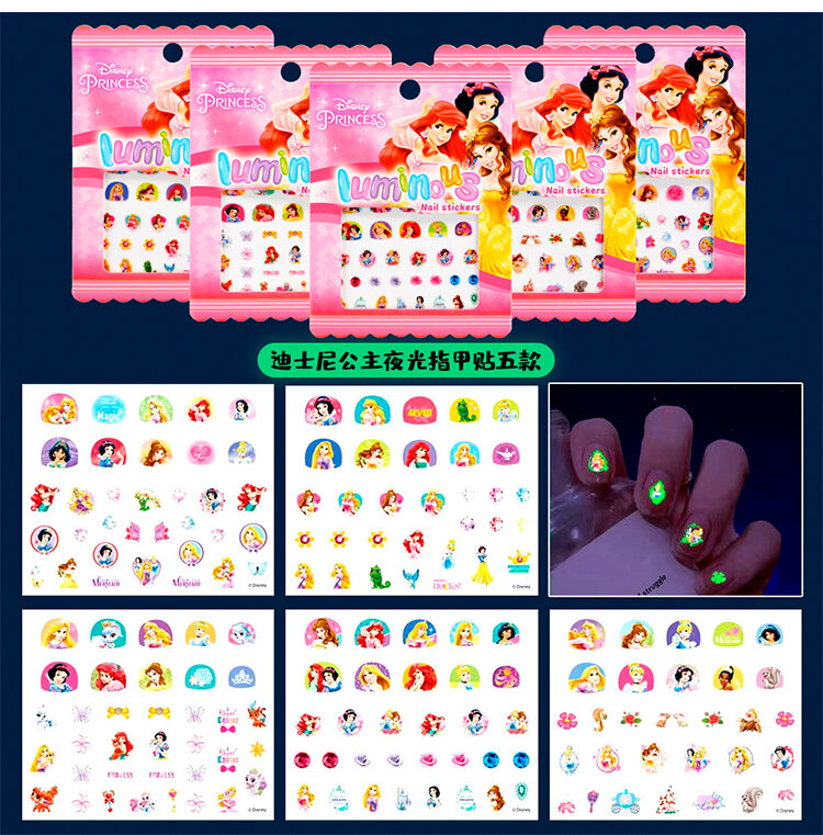 Disney-princesa luminosa adesivos de unhas, congelados, Sophia, Minnie Mouse, Wiinie the Pooh, brilho no escuro, presente para menina