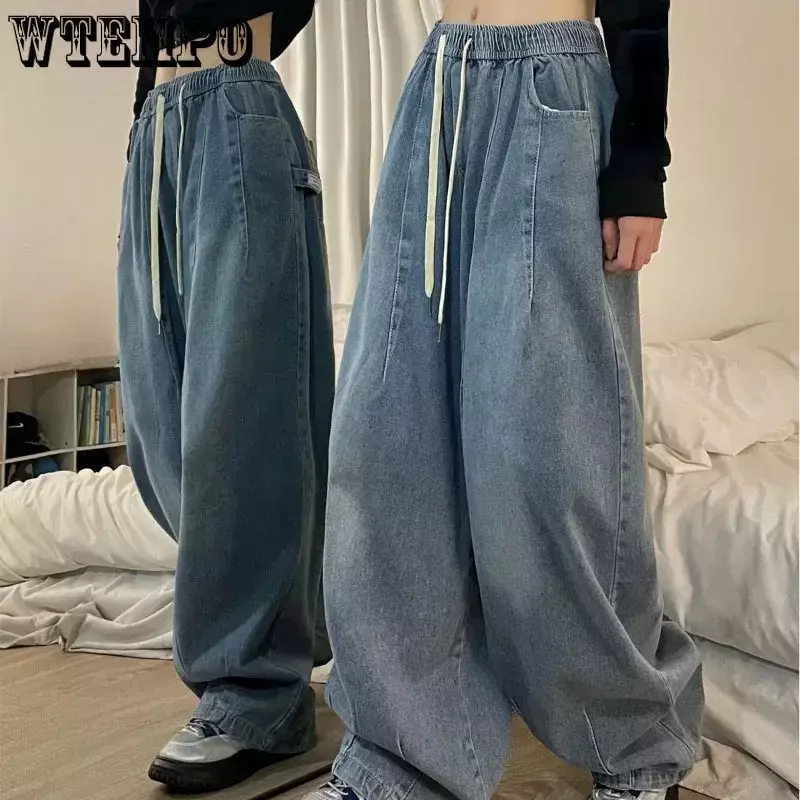 女性のヴィンテージバギージーンズ,伸縮性のあるウエストバンド付きのゆったりとした春のパンツ,ワイドでストレートなストリートウェア,y2k