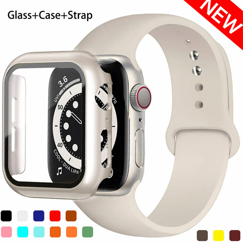 Caixa de vidro e pulseira para Apple Watch, pulseira de silicone, pulseira para iWatch Series 8, 9, 7, 6, 5, 4, 3, SE, 44mm, 40mm, 45mm, 41 milímetros, 38 milímetros, 42 milímetros