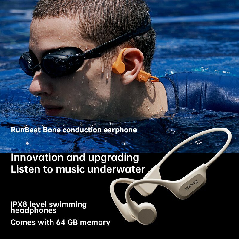 Sanag B60 프로 골전도 이어폰, IPX8 무선 오픈 헤드셋, 블루투스 5.3 수영 헤드폰, 64GB MP3 이어버드