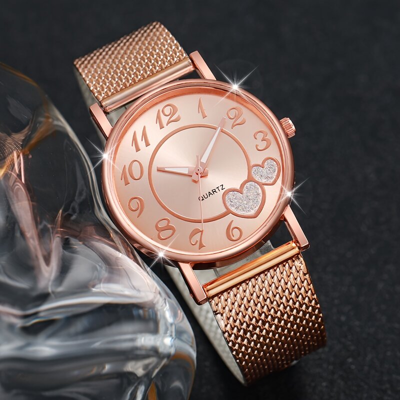 Elegante relógio de quartzo feminino e conjunto de pulseira coração strass combinando, relógio chique para os namorados, 2 peças