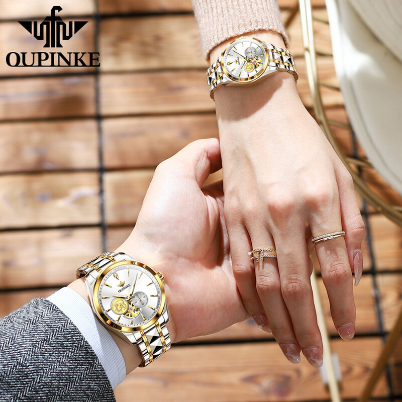 OUPINKE 3260 Real Diamond Mechanical Couple Watch For Men Women Luxury Original Dress Wristwatch Swiss Brand Waterproof Watches