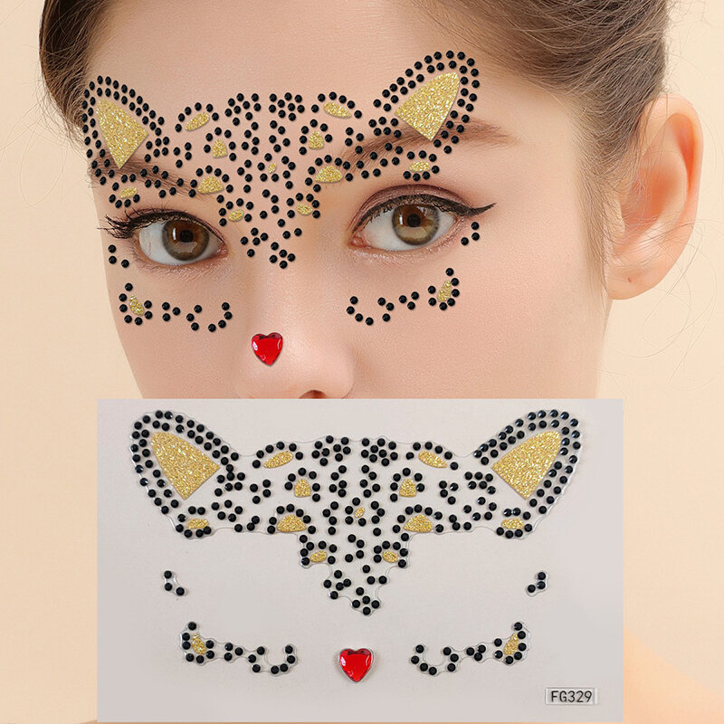 3D Acrílico Rhinestone Cat Face Sticker, Masquerade Party, Face Makeup Decoration, Tatuagem Temporária, Decalques de Pintura, Bonito