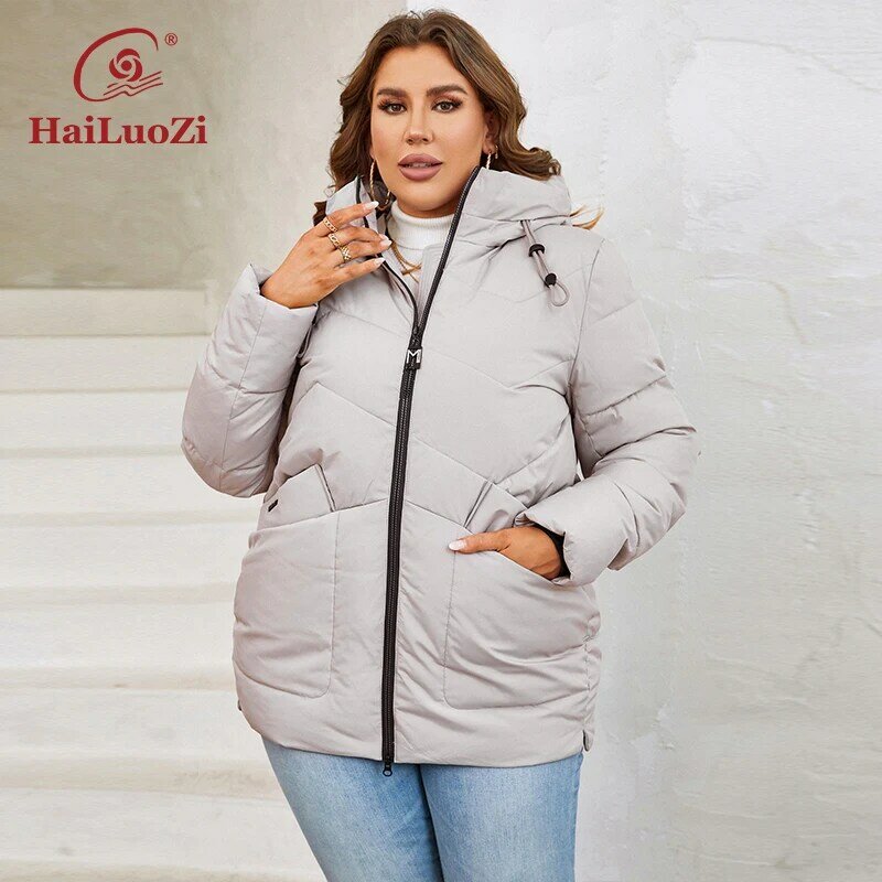 HaiLuoZi 2023 jaket musim dingin wanita, jaket musim dingin ukuran Plus, jaket pendek hangat bertudung, pakaian luar wanita, ritsleting besar, Saku, mantel berlapis 9959 wanita