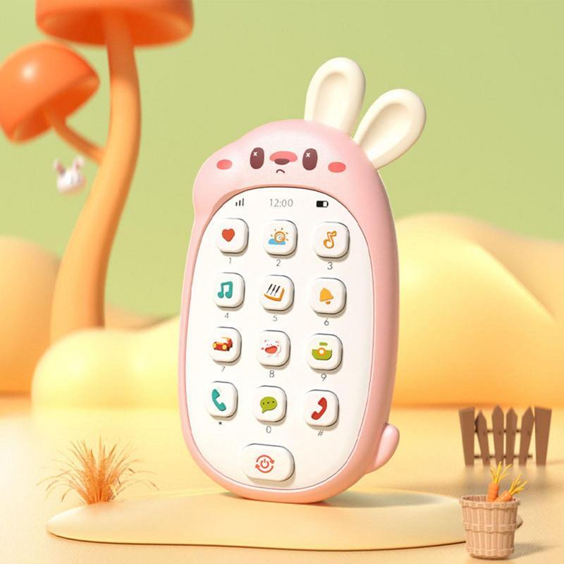 Mainan telepon anak telinga lucu dapat dikunyah bentuk kelinci mainan telepon bertenaga baterai mainan edukasi dwibahasa multifungsi untuk anak-anak