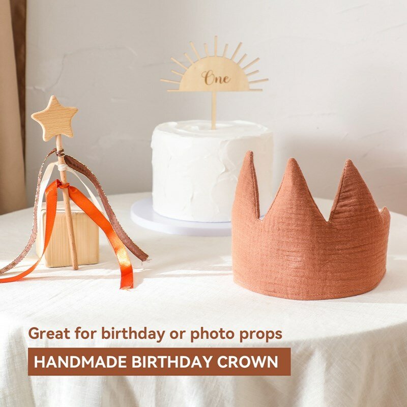 1Set Baby Birthday Hat Set Wooden Magic Wand Toy Cotton Soft Crown Hat Kids Birthday Party Decorations Newborn Birthday Gift Toy