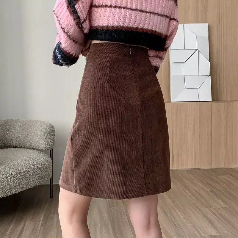 Corduroy Mini Skirts Women Irregular Elegant Side-slit Vintage High Waist Chic Office Lady Fashion Autumn Winter Cozy Aesthetic