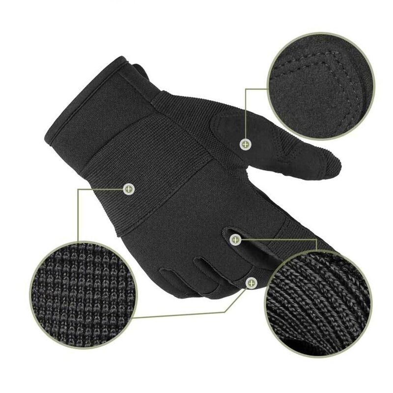 Sarung tangan kerja jari penuh hitam, sarung tangan keamanan tahan aus antiselip layar sentuh penyerap keringat lembut