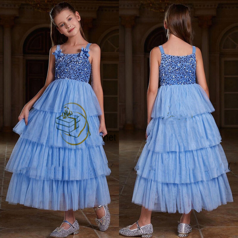 Многослойное платье с цветами для девочек, свадебные синие фатиновые платья на подтяжках с блестками для детского дня рождения, первого причастия, бальные платья 2024