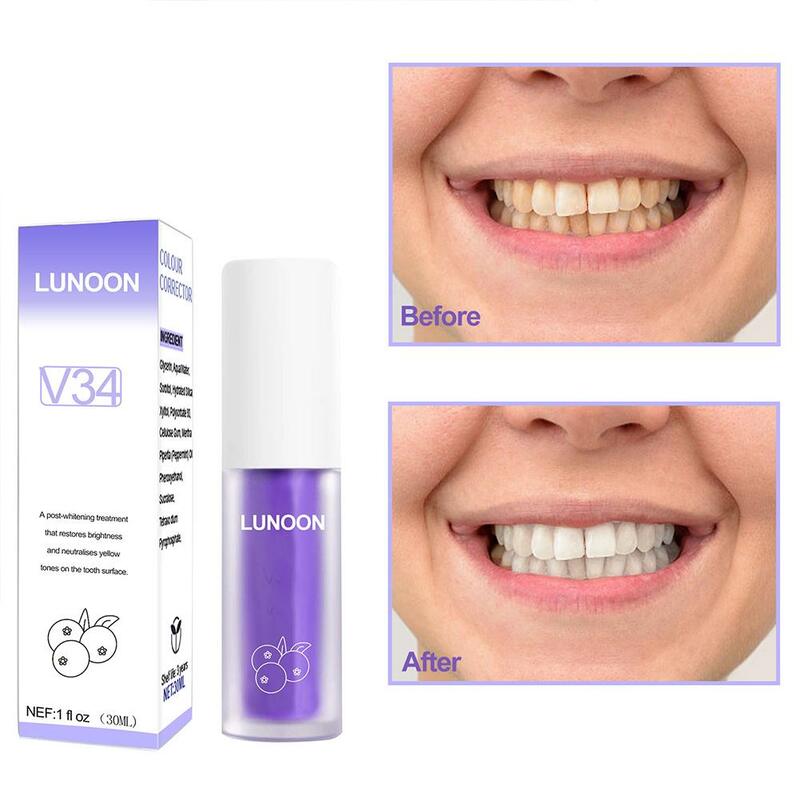 V34 pasta gigi ungu, pasta gigi pemutih ungu 30ml higienis Dropship membersihkan gigi kuning noda mulut Rem B0B9