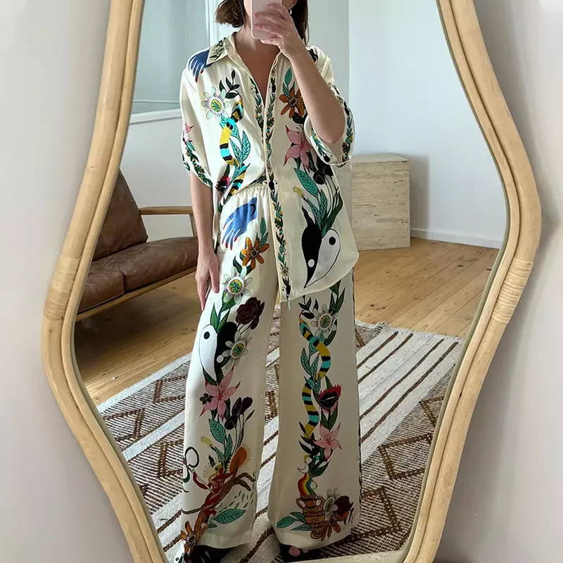 Holiday Printed 2 Pieces Set Short Sleeve Top Loose Long Pants Women 2024 Spring Summer Hawaii Beach Casual Indie Folk Outfits