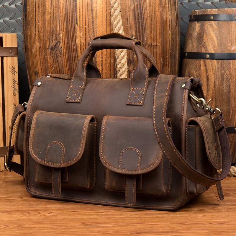 Men Bag top grade Men's Genuine Leather Briefcase Handbags Crazy Horse Leather Hand bag Thick Real Leather Shoulder Bag