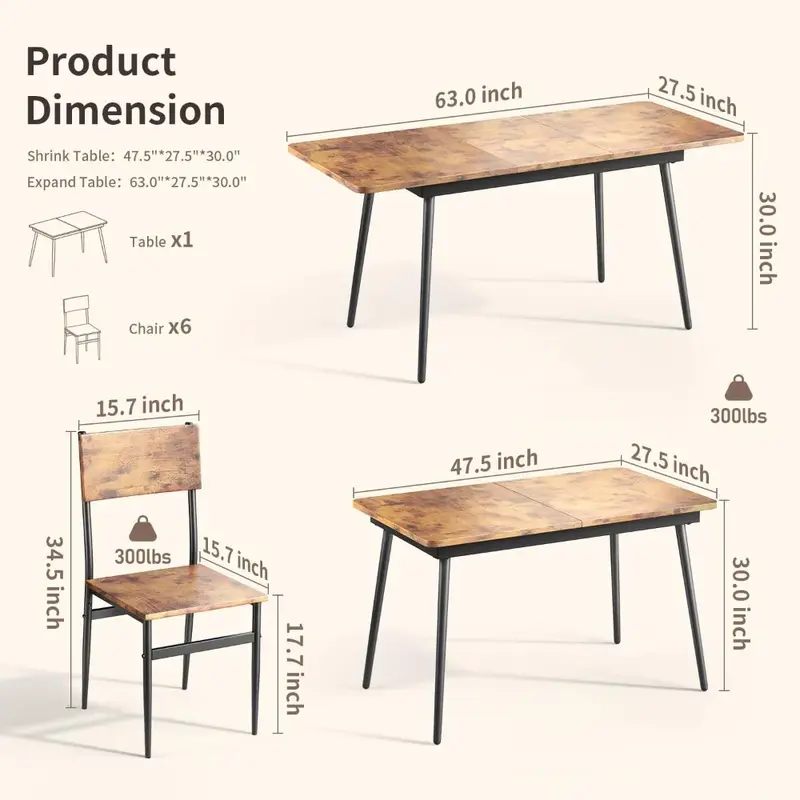 Выдвижной обеденный стол 63 дюйма, набор из 7 предметов для обеденного стола на 6 персон с 6 стульями, деревянная доска