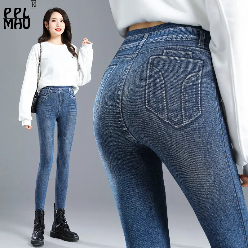 Fałszywa kieszeń nadruk legginsy z imitacji dżinsów kobiet chude spodnie ołówkowe z wysokim stanem Sexy Slim Pantalones spodnie ze stretchem do podnoszenia bioder