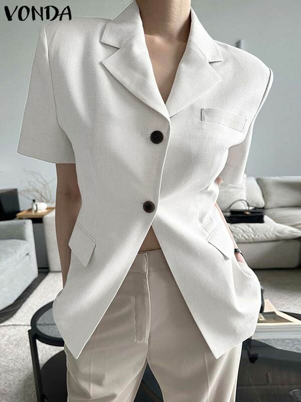 Women Outwears VONDA Elegant Office OL Blazer Fashion Short Sleeve Casual Solid Color 2023 Lapel Coats Buttons Loose Suits Femme