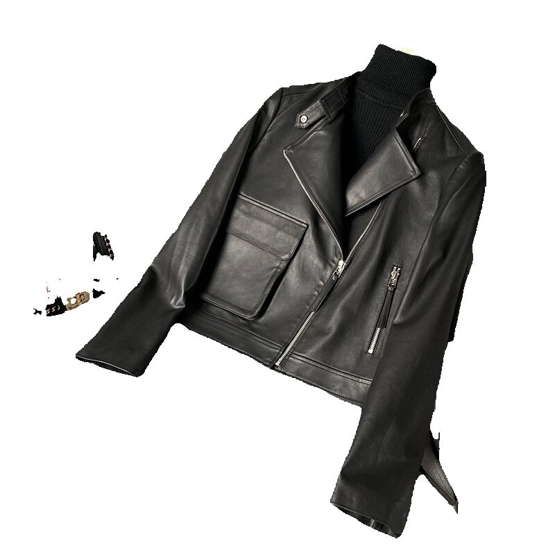 Chunxin Genuine Leather Jacket For Women's Short Cotton Sheepskin Women's V-Neck Slim Fit Motorcycle Leather Jacket