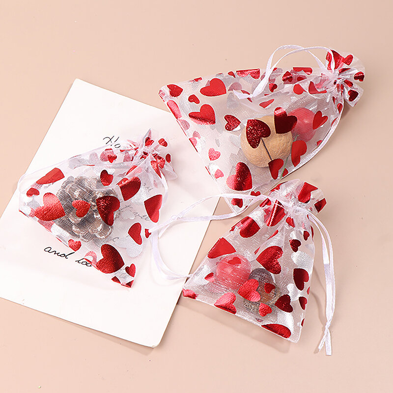 10 pezzi Red Love Heart sacchetti di Organza regalo per feste di matrimonio sacchetto con coulisse di caramelle sacchetti di esposizione di gioielli di san valentino di natale