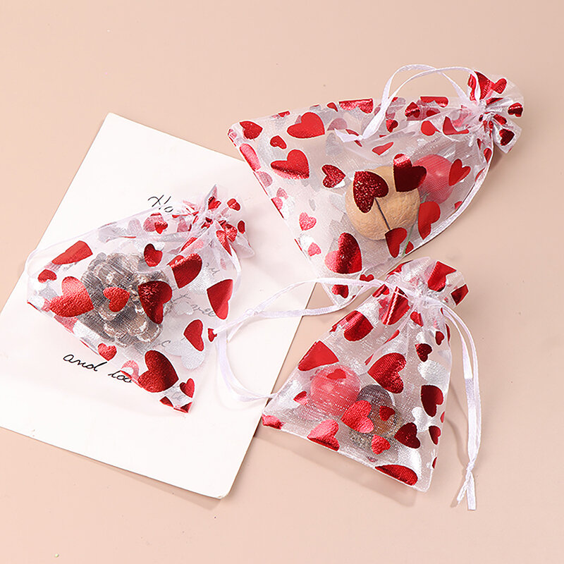 10pcs Red Love Heart Organza Bags Wedding Party Gift Candy Drawstring Bag Christmas Valentines Day Jewellery Display Pouches