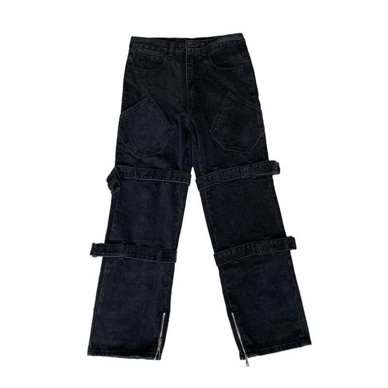 Celana jeans hip-hop pria, celana jins longgar lurus Eropa dan Amerika gaya Y2k tali kepribadian jalan hitam/biru