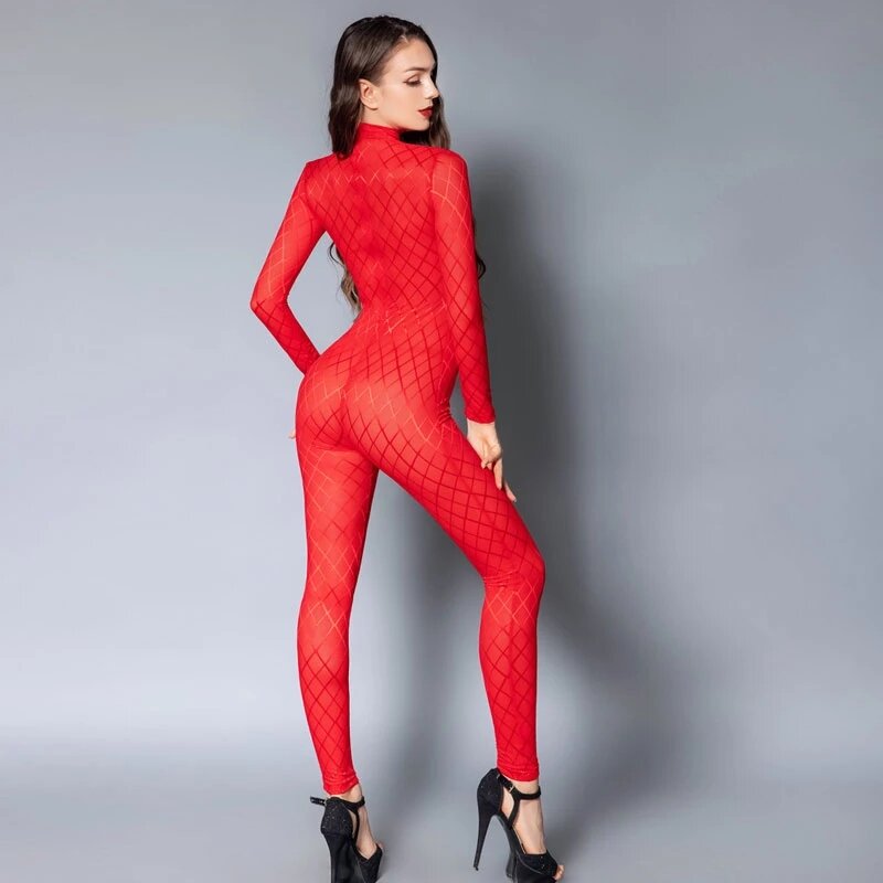 Perspective Long-sleeved Bodysuit Hollowed Out Bust Turtleneck Jumpsuit Women's Sexy Outfits Sheer See Through Club Wear Tights