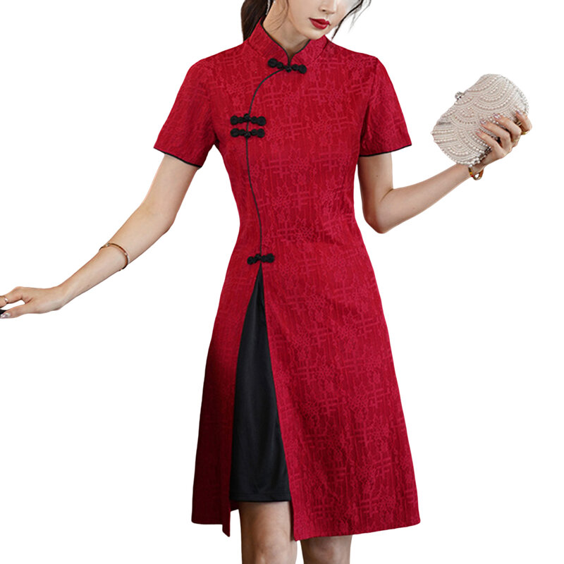 Короткое модифицированное платье-Ципао с воротником-стойкой для китайского Нового года