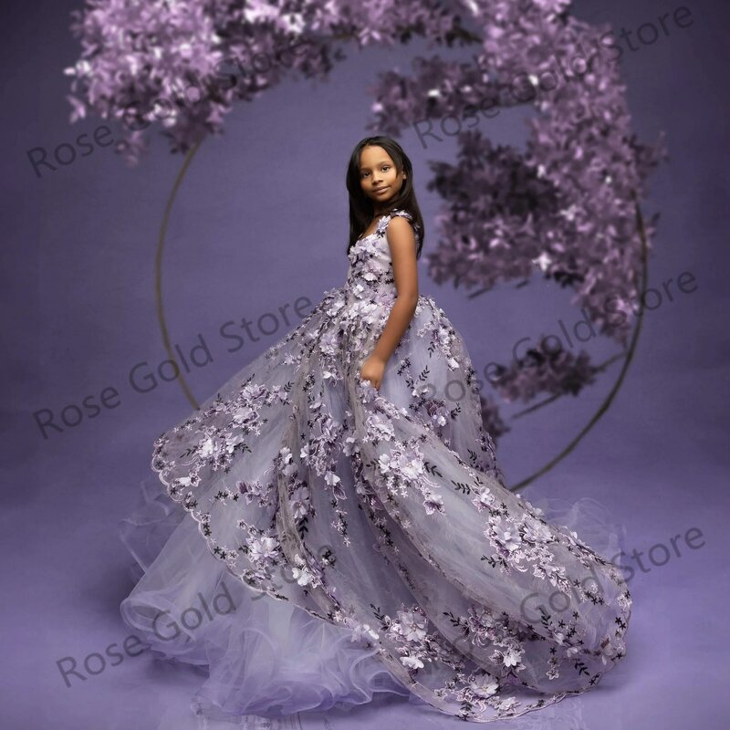 Wykwintne sukienki dla dziewczynek bez rękawów 3D kwiatowe aplikacje sukienka na przyjęcie urodzinowe tiulowa suknia balowa księżniczki Vestido De Novia