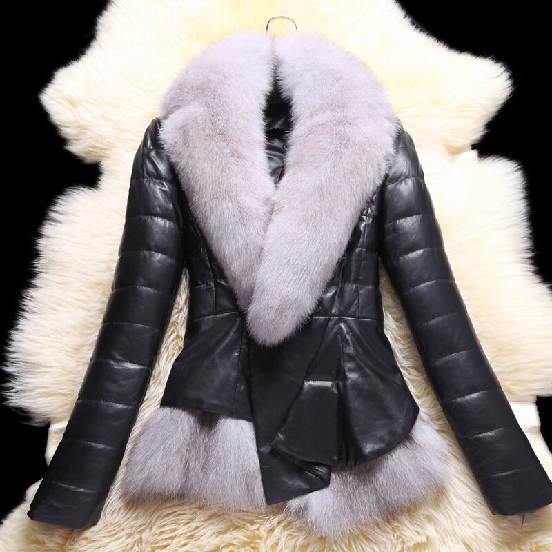 AYUNSUE-여성용 정품 가죽 자켓 겨울 푸퍼 자켓, 여우 모피 칼라 슬림 양피 코트 Manteau Femme