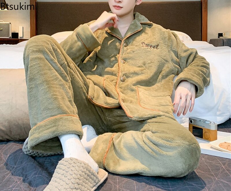 2024 Men's Winter Thickened Flannel Pajama Sets Lapel Fluffy Coat + Long Pants Sleepwear 2 Pieces Male Soft Warm Housewear 3XL