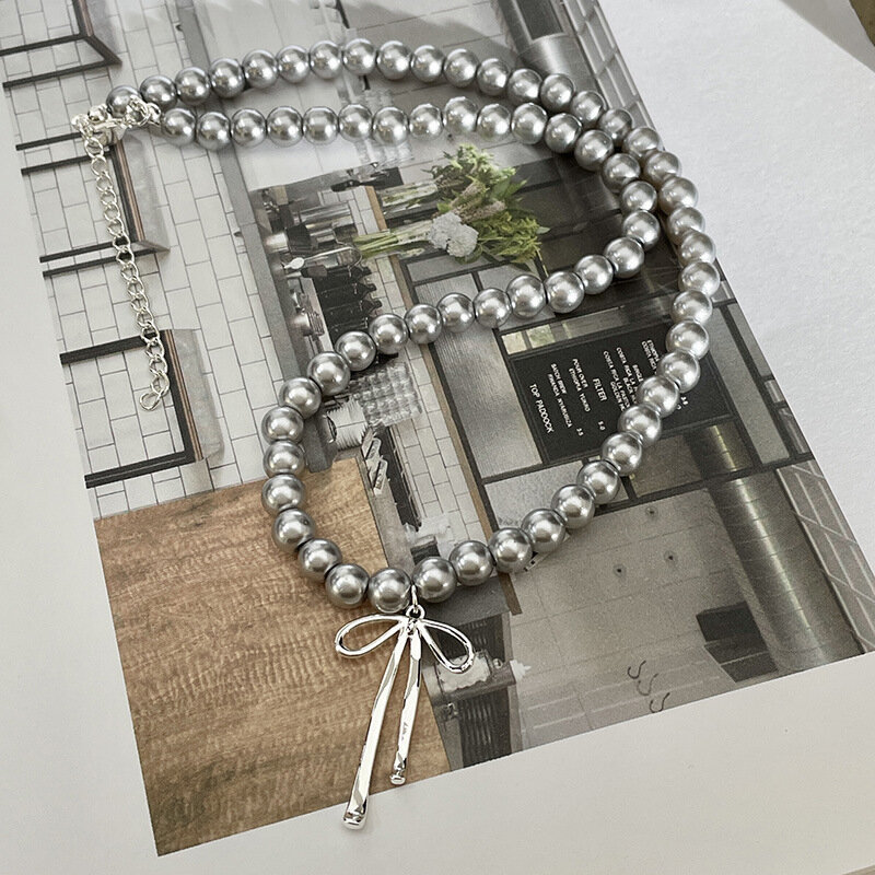 Collar con colgante de pajarita de perlas de imitación grises para mujer, pendientes simples hechos a mano, joyería de tendencia