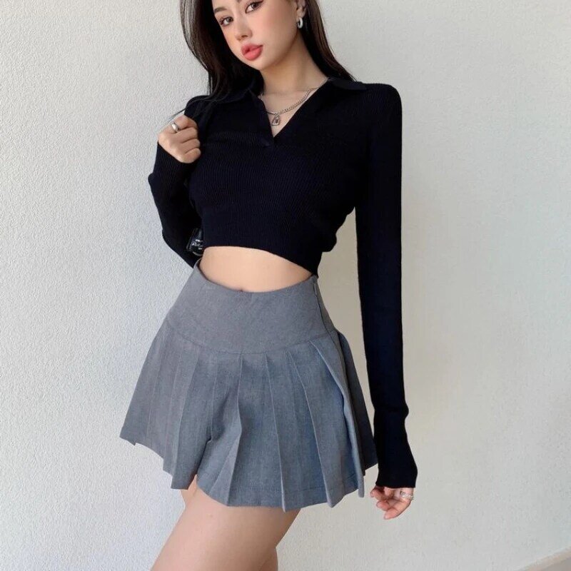 Deeptown Pleated Slit Skirt Sexy Women Grey Preppy Style Slim Up Casual Mini Skirts High Waist Solid Short Skirt Summer Fashion