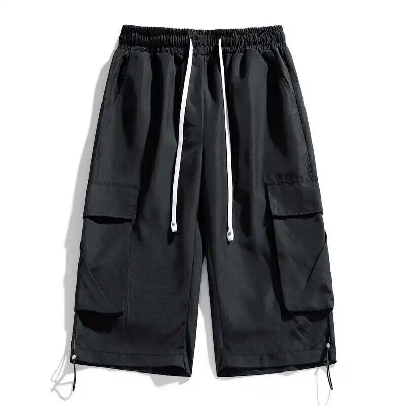 Fashion Loose Elastic Waist Spliced Pockets All-match Bandage Cargo Pants Men's 2024 Spring Summer New Solid Color Casual Pants