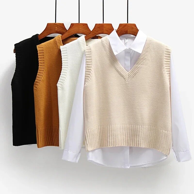 Женский вязаный свитер, жилет, короткий свободный винтажный свитер без рукавов, пуловер с V-образным вырезом, топы, женская верхняя одежда, весна-осень 2023