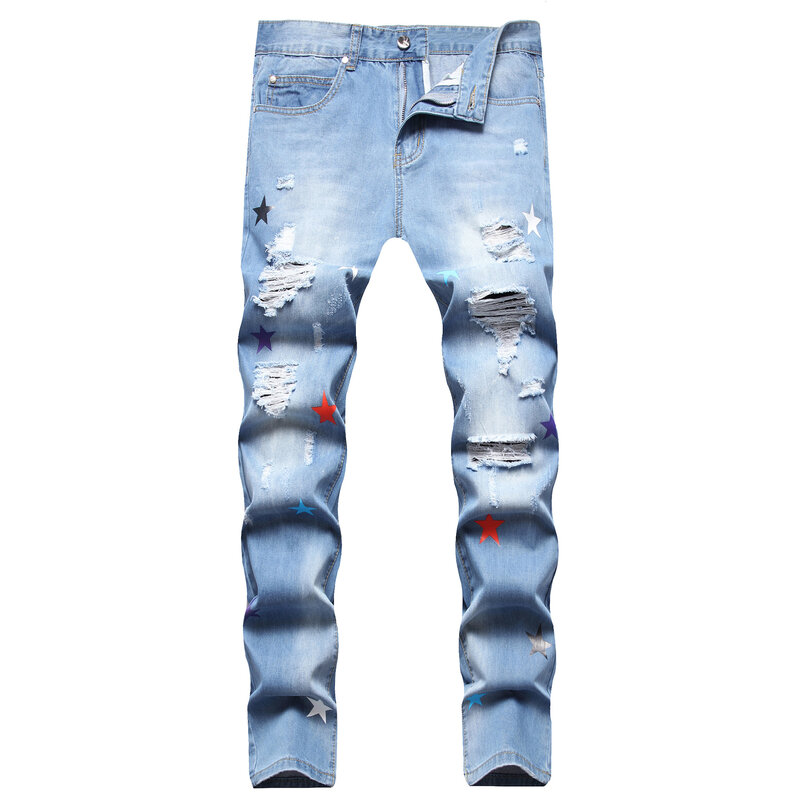 Jeans hipster à imprimé numérique pour hommes, 4 étoiles déchirées, petit jean à jambe droite, Hip Hop West Coast