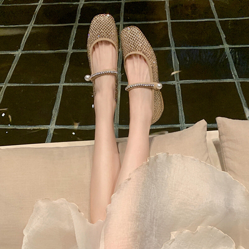 Mary Jane-zapatos de malla con cabeza cuadrada para mujer, calzado con perlas de diamante completo, a la moda, novedad de 2024