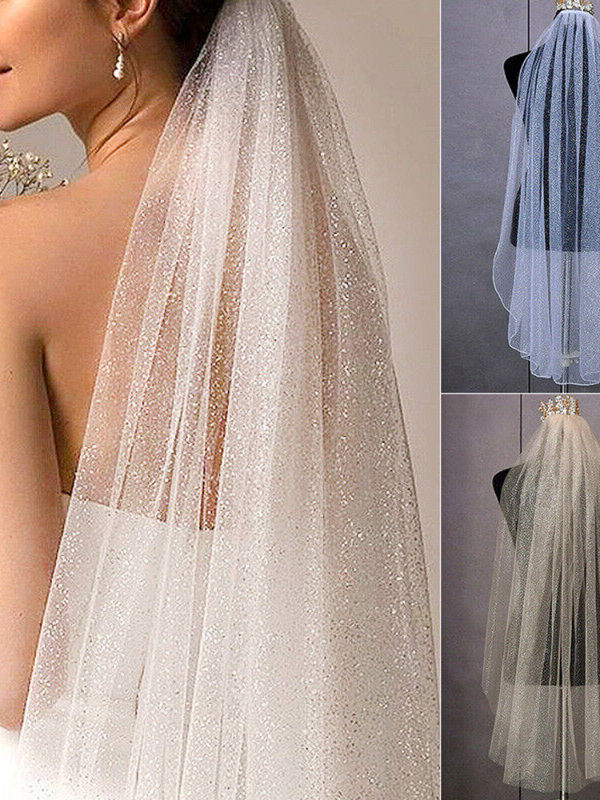 Luxury Bridal Glitter Veil with Comb Wedding Veil Soft Tulle Cut Edge Acc 100cm