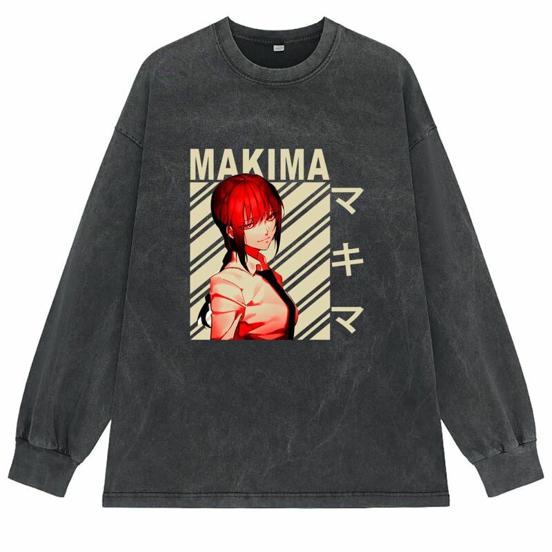 Makima 남성용 일본 애니메이션 프린트 티셔츠, 레트로 워싱 코튼 긴팔 티셔츠, 유니섹스 스트리트웨어, 오버사이즈 스웨트 셔츠