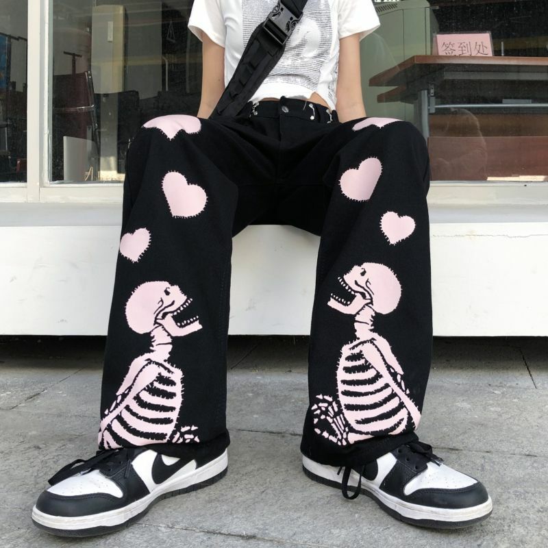 女性のためのスカルプリントジーンズ,ストリートファッション,ハイパンツ,小さなスカルプリント