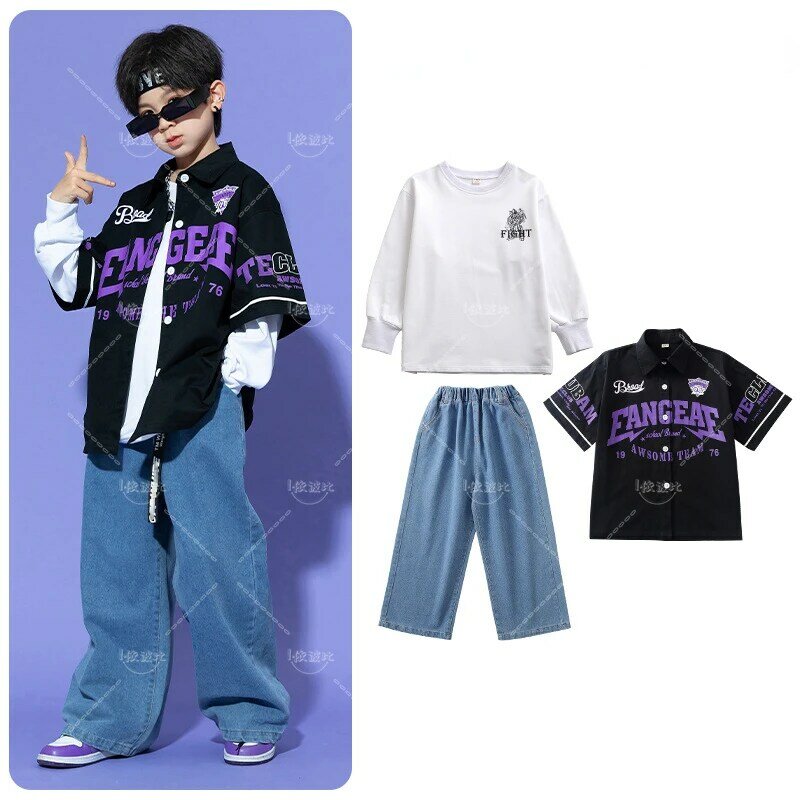 Roupas de dança hip hop para meninos e meninas, uniforme de beisebol solto, camisa e calça jeans, traje de jazz para crianças, roupas de rua